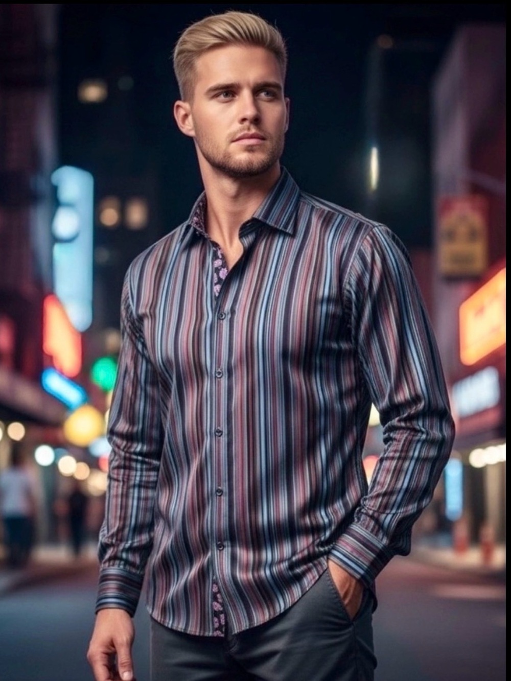 Thomas Dean Striped Button-Up Shirt Paisley Trim | Night Out / Holiday / Medium